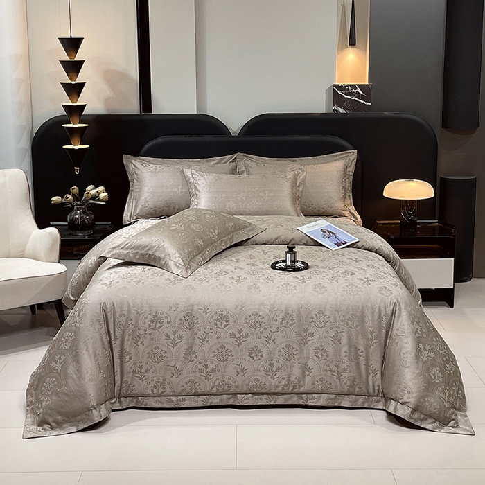 91家纺网 家纺一手货源 找家纺 畅畅家纺 2026新款高档100支长绒棉高定提花夹棉床盖纯色四件套 锦枝-咖