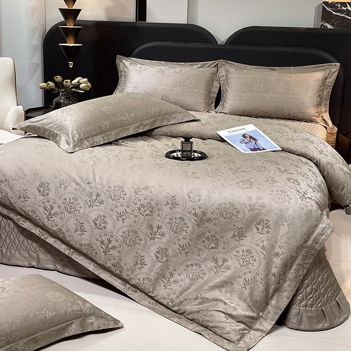 91家纺网 家纺一手货源 找家纺 畅畅家纺 2026新款高档100支长绒棉高定提花夹棉床盖纯色四件套 锦枝-咖