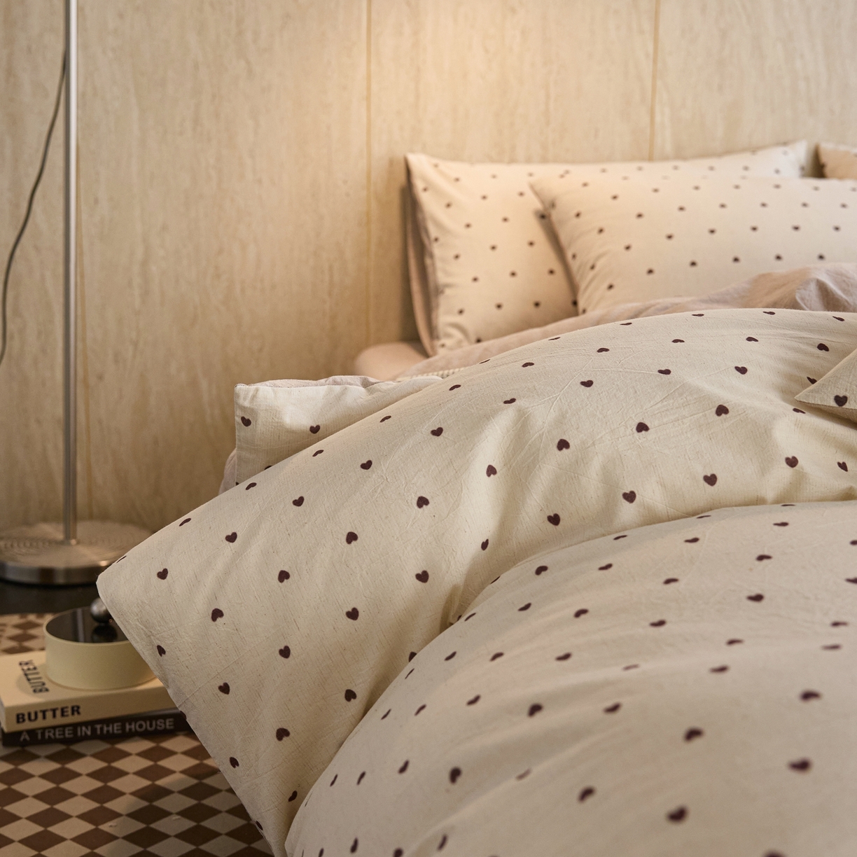 91家纺网 家纺一手货源 找家纺 亿梵家居 2026春夏新款A类棉麻印花四件套 爱心律动