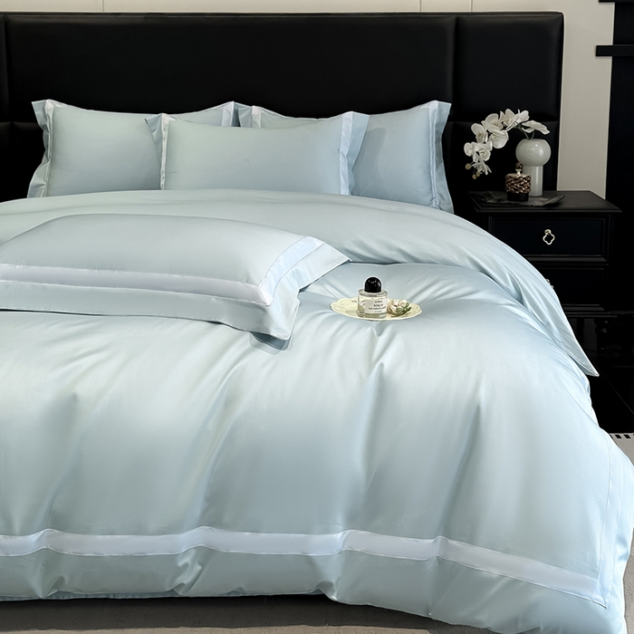 91家纺网 家纺一手货源 找家纺 苏源家居 2026新款夏季酒店风水洗天丝织带款冰丝被套四件套-慕尚 慕尚-浅蓝