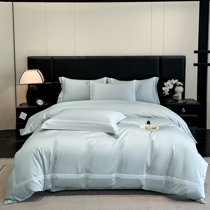 91家纺网 家纺一手货源 找家纺 苏源家居 2026新款夏季酒店风水洗天丝织带款冰丝被套四件套-慕尚 慕尚-浅蓝