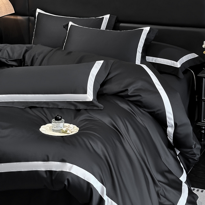 91家纺网 家纺一手货源 找家纺 苏源家居 2026新款夏季酒店风水洗天丝织带款冰丝被套四件套-慕尚 慕尚-素黑