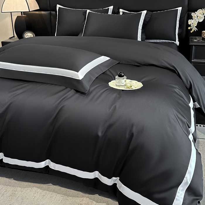 91家纺网 家纺一手货源 找家纺 苏源家居 2026新款夏季酒店风水洗天丝织带款冰丝被套四件套-慕尚 慕尚-素黑