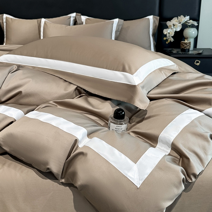 91家纺网 家纺一手货源 找家纺 苏源家居 2026新款夏季酒店风水洗天丝织带款冰丝被套四件套-慕尚 慕尚-咖色