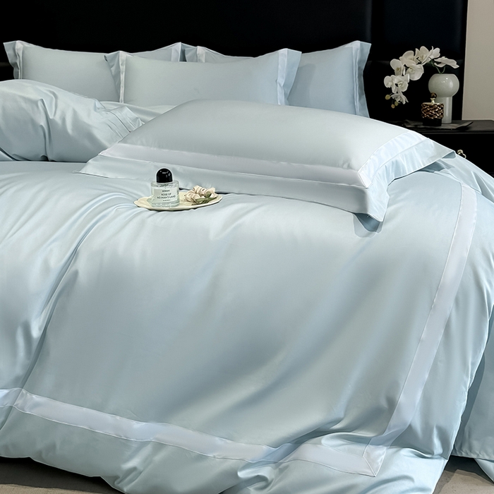 91家纺网 家纺一手货源 找家纺 苏源家居 2026新款夏季酒店风水洗天丝织带款冰丝被套四件套-慕尚 慕尚-浅蓝