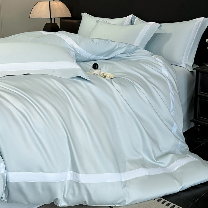 91家纺网 家纺一手货源 找家纺 苏源家居 2026新款夏季酒店风水洗天丝织带款冰丝被套四件套-慕尚 慕尚-浅蓝