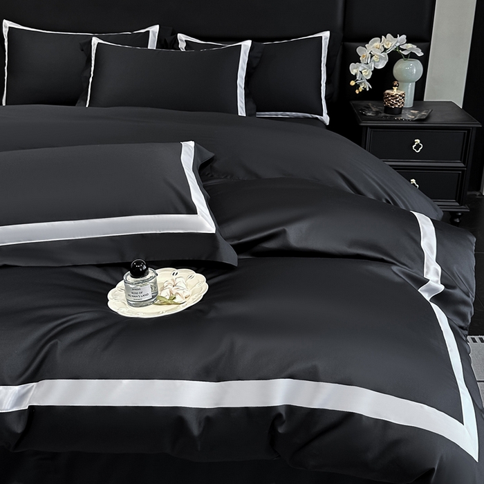 91家纺网 家纺一手货源 找家纺 苏源家居 2026新款夏季酒店风水洗天丝织带款冰丝被套四件套-慕尚 慕尚-素黑