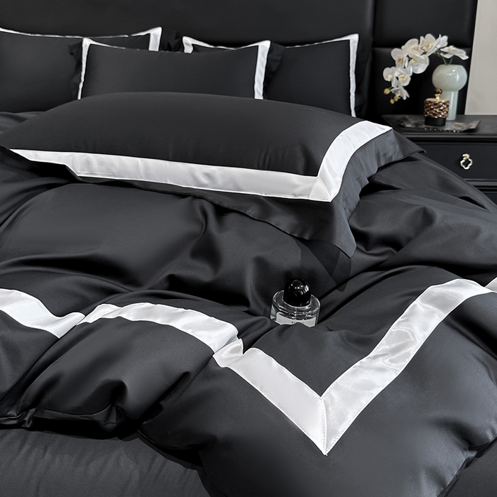 91家纺网 家纺一手货源 找家纺 苏源家居 2026新款夏季酒店风水洗天丝织带款冰丝被套四件套-慕尚 慕尚-素黑