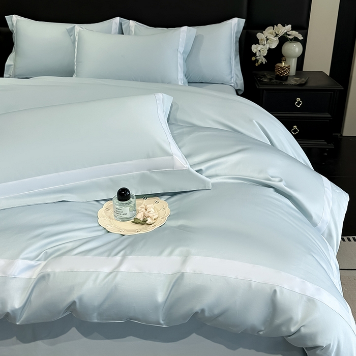 91家纺网 家纺一手货源 找家纺 苏源家居 2026新款夏季酒店风水洗天丝织带款冰丝被套四件套-慕尚 慕尚-浅蓝