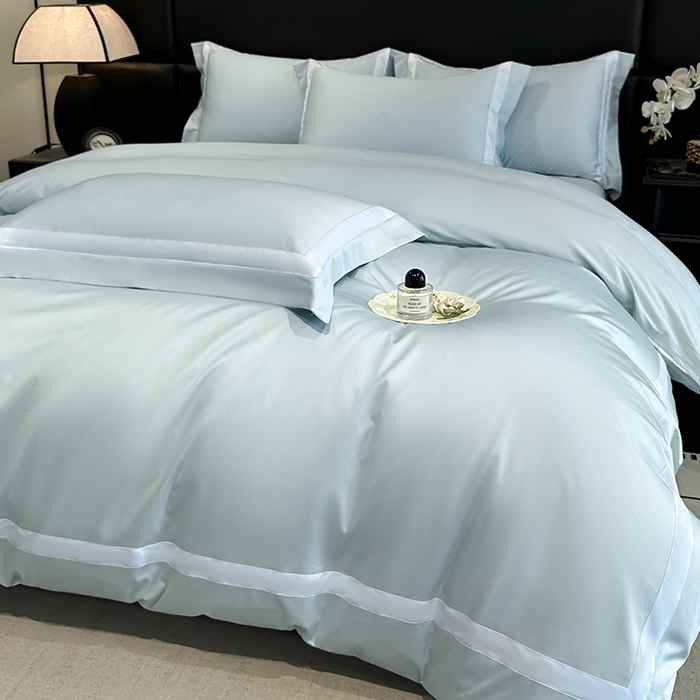 91家纺网 家纺一手货源 找家纺 苏源家居 2026新款夏季酒店风水洗天丝织带款冰丝被套四件套-慕尚 慕尚-浅蓝