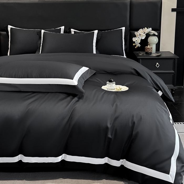 91家纺网 家纺一手货源 找家纺 苏源家居 2026新款夏季酒店风水洗天丝织带款冰丝被套四件套-慕尚 慕尚-素黑