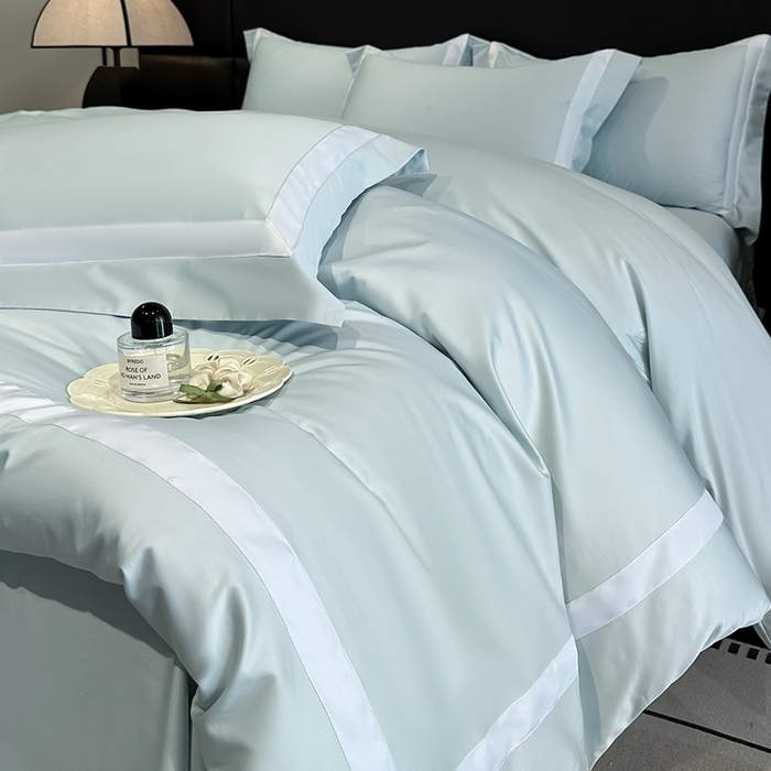 91家纺网 家纺一手货源 找家纺 苏源家居 2026新款夏季酒店风水洗天丝织带款冰丝被套四件套-慕尚 慕尚-浅蓝