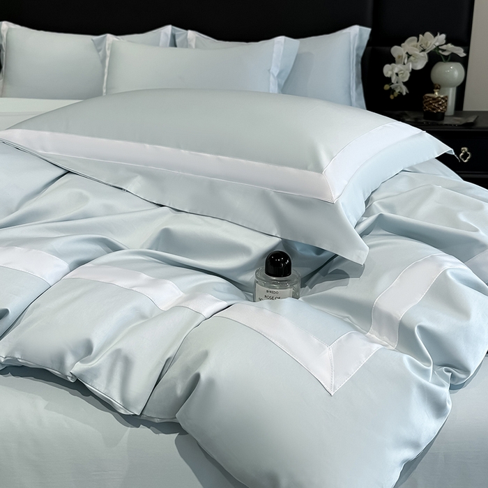 91家纺网 家纺一手货源 找家纺 苏源家居 2026新款夏季酒店风水洗天丝织带款冰丝被套四件套-慕尚 慕尚-浅蓝