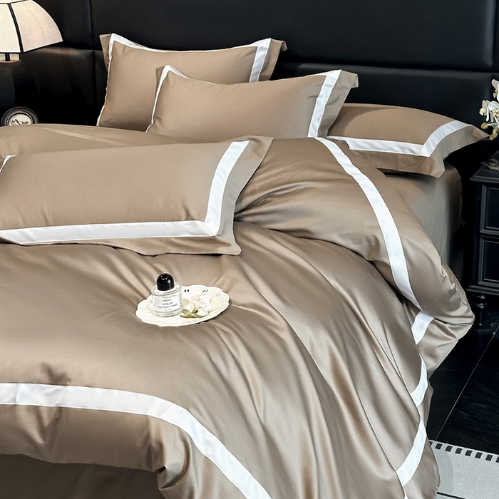 91家纺网 家纺一手货源 找家纺 苏源家居 2026新款夏季酒店风水洗天丝织带款冰丝被套四件套-慕尚 慕尚-咖色