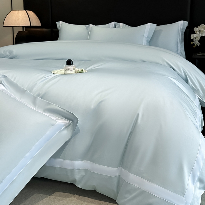 91家纺网 家纺一手货源 找家纺 苏源家居 2026新款夏季酒店风水洗天丝织带款冰丝被套四件套-慕尚 慕尚-浅蓝