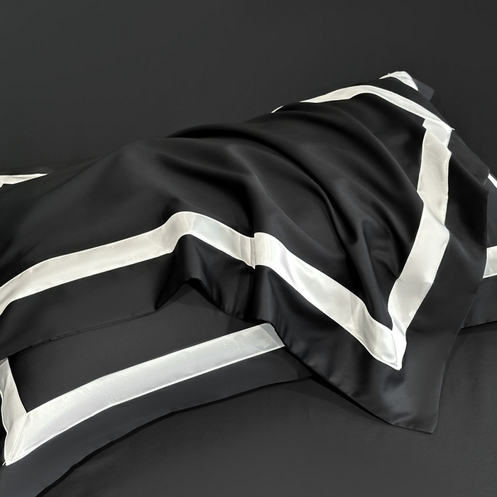 91家纺网 家纺一手货源 找家纺 苏源家居 2026新款夏季酒店风水洗天丝织带款冰丝被套四件套-慕尚 慕尚-素黑