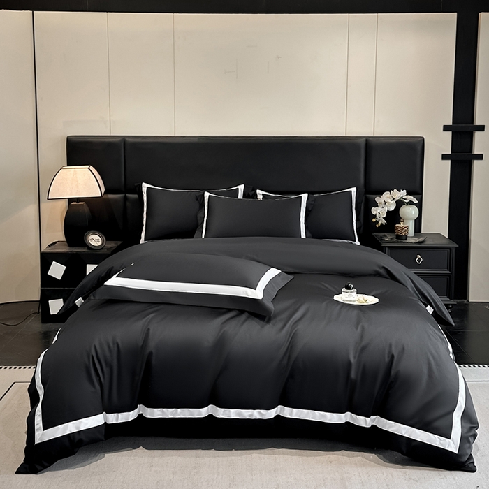 91家纺网 家纺一手货源 找家纺 苏源家居 2026新款夏季酒店风水洗天丝织带款冰丝被套四件套-慕尚 慕尚-素黑