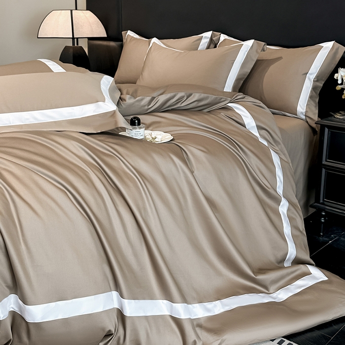 91家纺网 家纺一手货源 找家纺 苏源家居 2026新款夏季酒店风水洗天丝织带款冰丝被套四件套-慕尚 慕尚-咖色