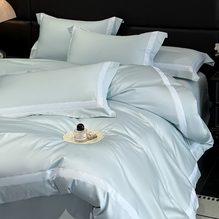 91家纺网 家纺一手货源 找家纺 苏源家居 2026新款夏季酒店风水洗天丝织带款冰丝被套四件套-慕尚 慕尚-浅蓝
