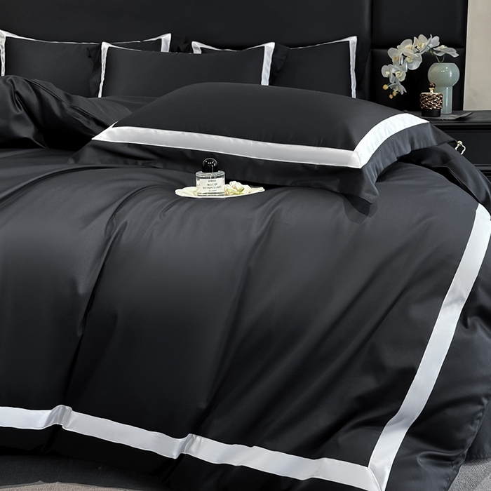 91家纺网 家纺一手货源 找家纺 苏源家居 2026新款夏季酒店风水洗天丝织带款冰丝被套四件套-慕尚 慕尚-素黑