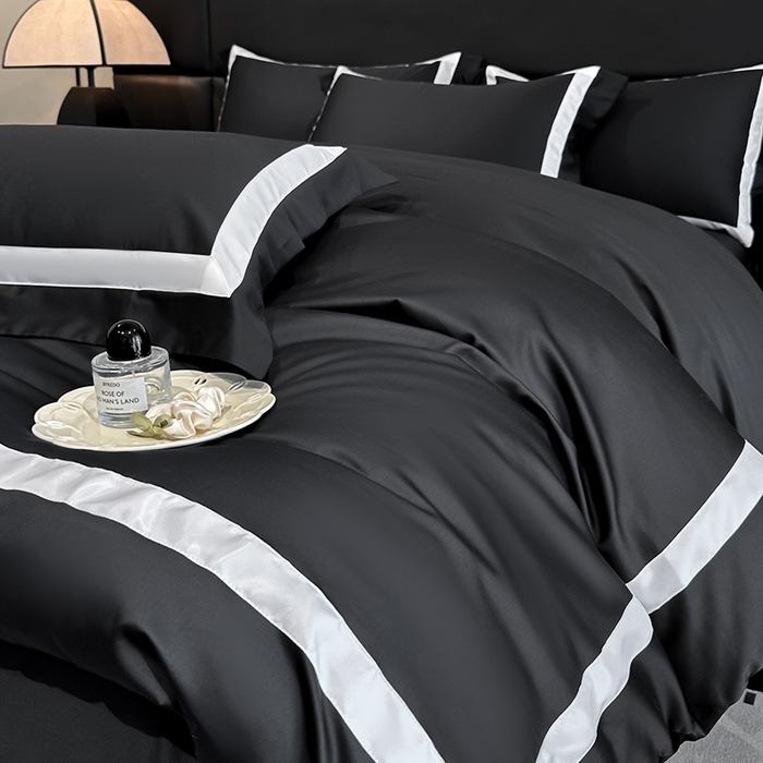 91家纺网 家纺一手货源 找家纺 苏源家居 2026新款夏季酒店风水洗天丝织带款冰丝被套四件套-慕尚 慕尚-素黑