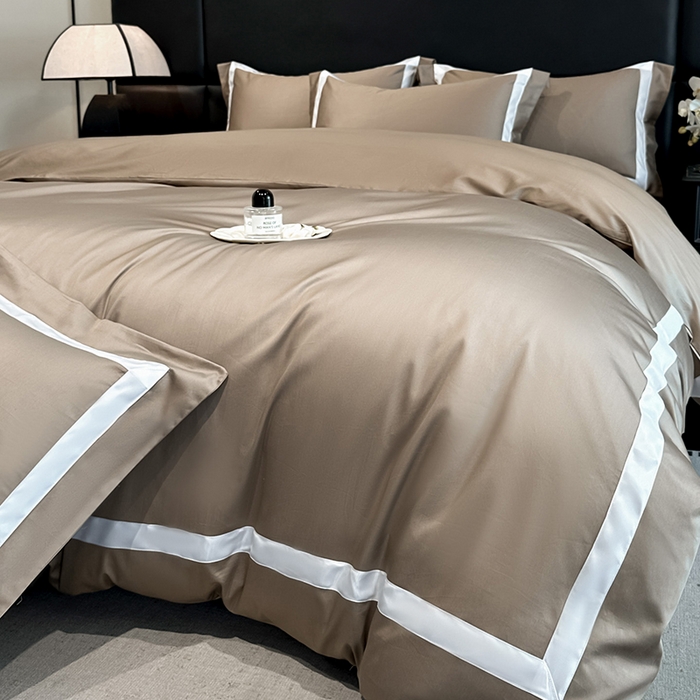 91家纺网 家纺一手货源 找家纺 苏源家居 2026新款夏季酒店风水洗天丝织带款冰丝被套四件套-慕尚 慕尚-咖色