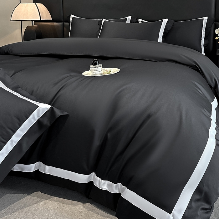 91家纺网 家纺一手货源 找家纺 苏源家居 2026新款夏季酒店风水洗天丝织带款冰丝被套四件套-慕尚 慕尚-素黑