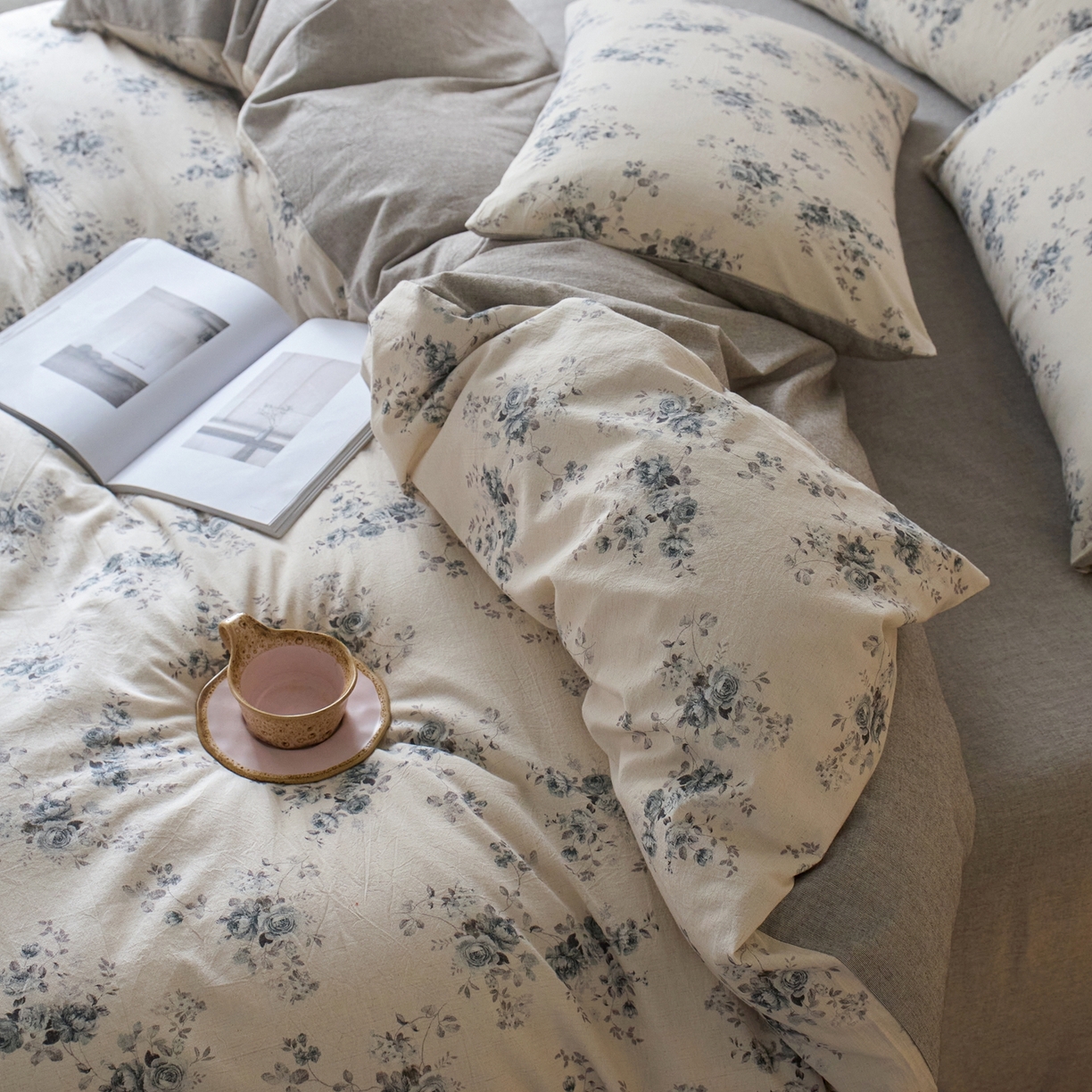 91家纺网 家纺一手货源 找家纺 亿梵家居 2026春夏新款A类棉麻印花四件套 法式风情