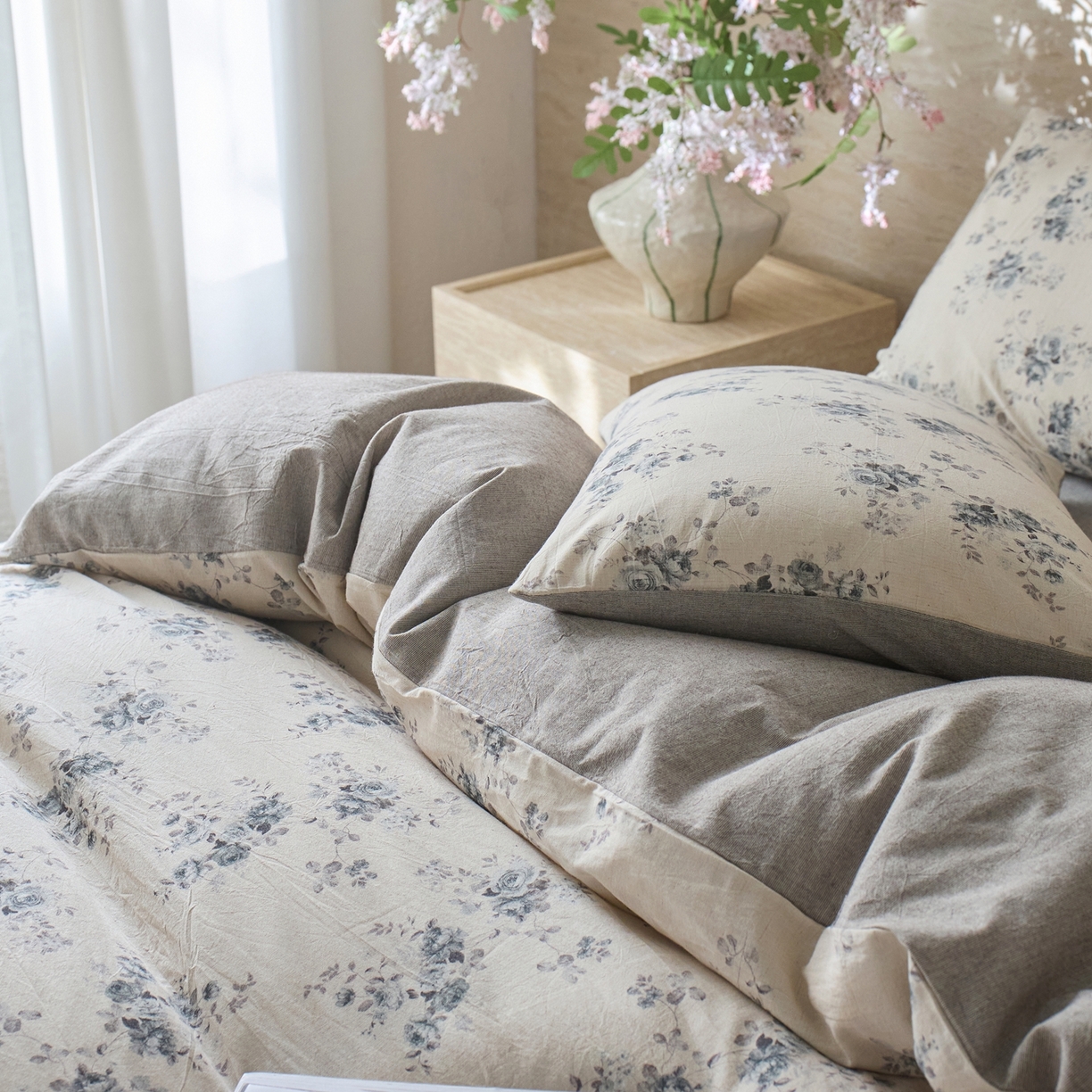 91家纺网 家纺一手货源 找家纺 亿梵家居 2026春夏新款A类棉麻印花四件套 法式风情