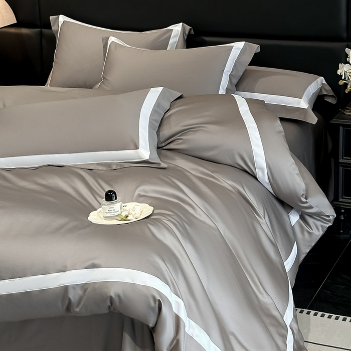 91家纺网 家纺一手货源 找家纺 苏源家居 2026新款夏季酒店风水洗天丝织带款冰丝被套四件套-慕尚 慕尚-浅灰