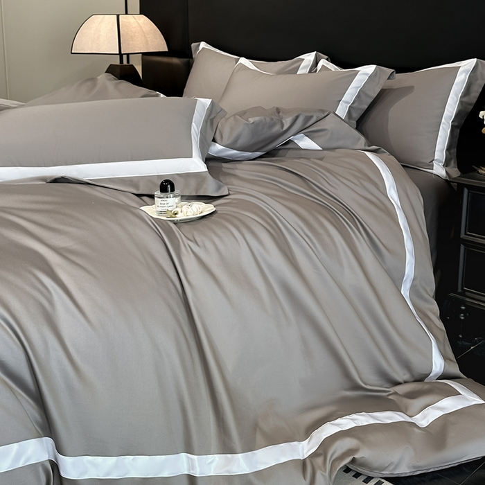 91家纺网 家纺一手货源 找家纺 苏源家居 2026新款夏季酒店风水洗天丝织带款冰丝被套四件套-慕尚 慕尚-浅灰