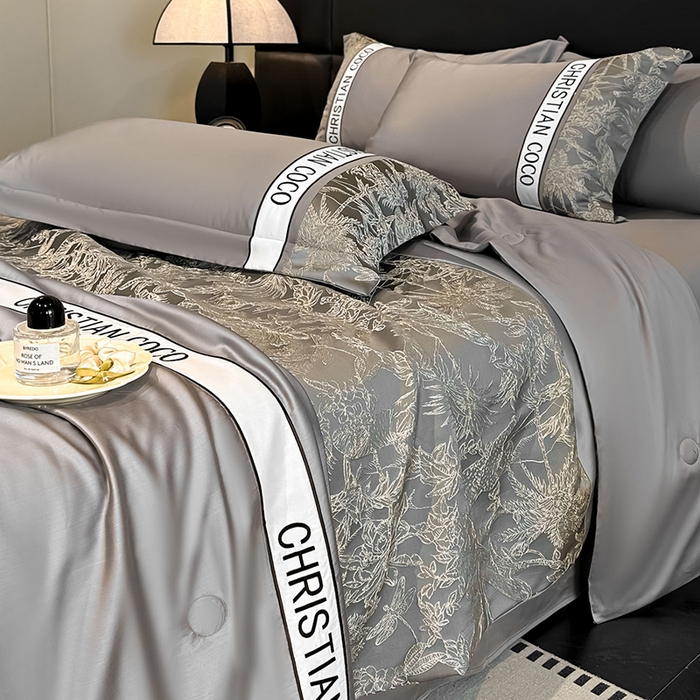 91家纺网 家纺一手货源 找家纺 苏源家居 2026新款轻奢水洗天丝刺绣拼接浮雕夏被夏凉被空调被四件套-梦境 梦境-浅灰