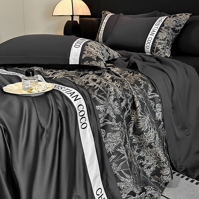 91家纺网 家纺一手货源 找家纺 苏源家居 2026新款轻奢水洗天丝刺绣拼接浮雕夏被夏凉被空调被四件套-梦境 梦境-耀黑