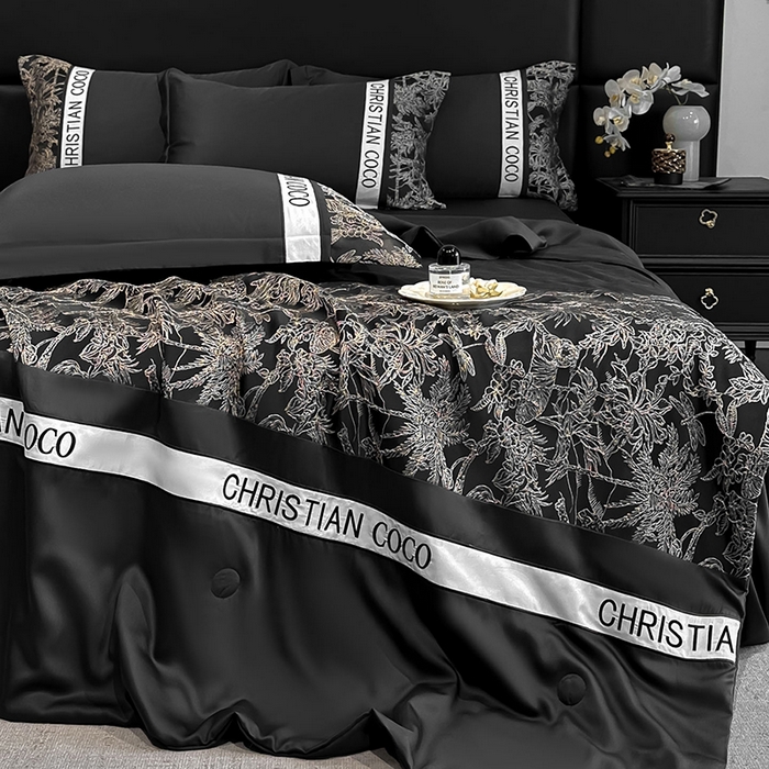 91家纺网 家纺一手货源 找家纺 苏源家居 2026新款轻奢水洗天丝刺绣拼接浮雕夏被夏凉被空调被四件套-梦境 梦境-耀黑