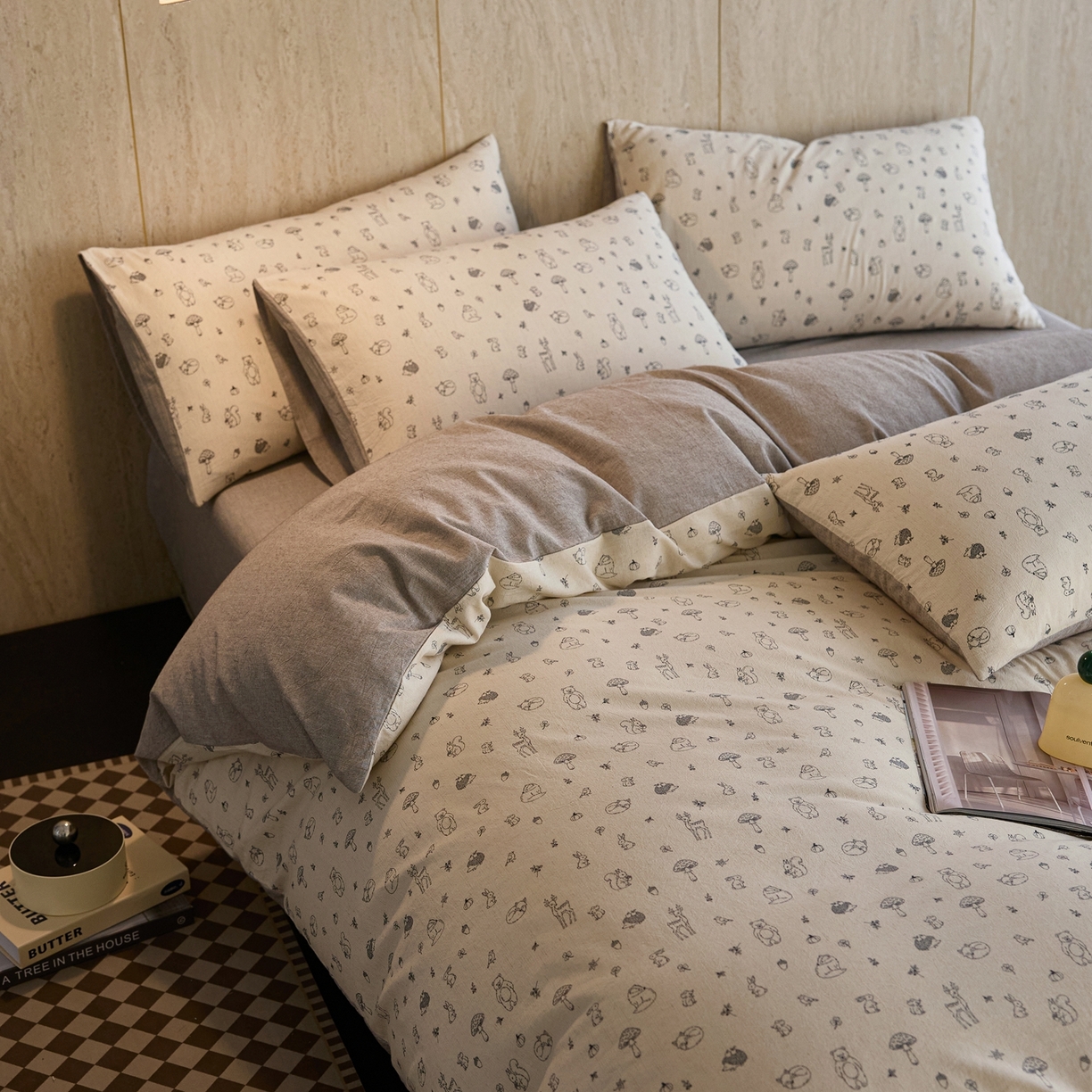 91家纺网 家纺一手货源 找家纺 亿梵家居 2026春夏新款A类棉麻印花四件套 奇妙森林