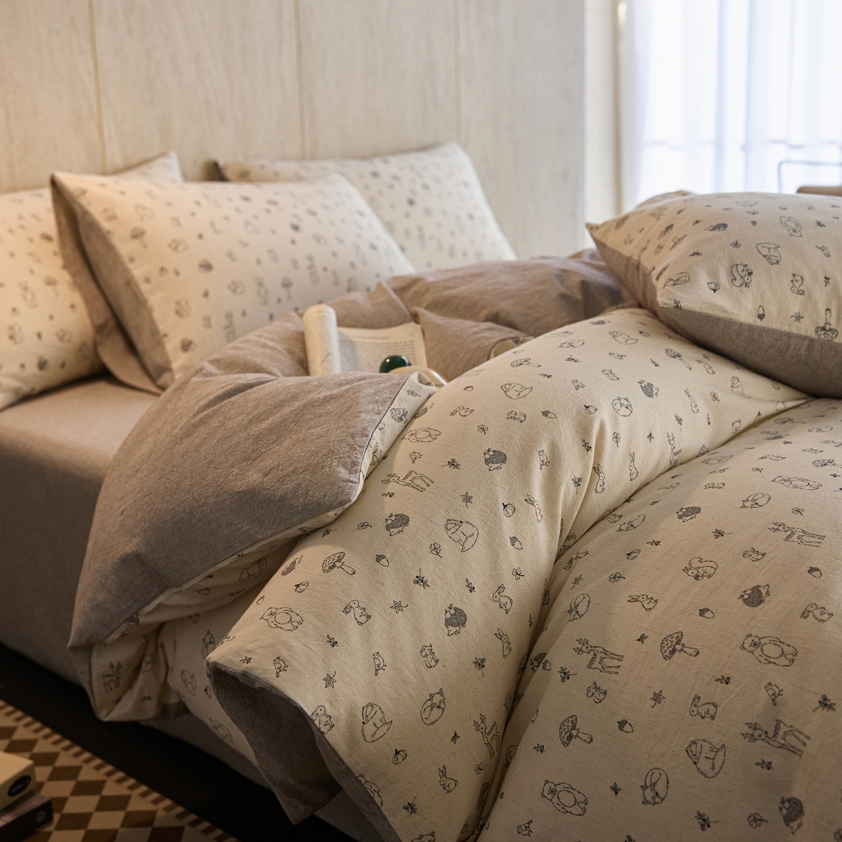 91家纺网 家纺一手货源 找家纺 亿梵家居 2026春夏新款A类棉麻印花四件套 奇妙森林