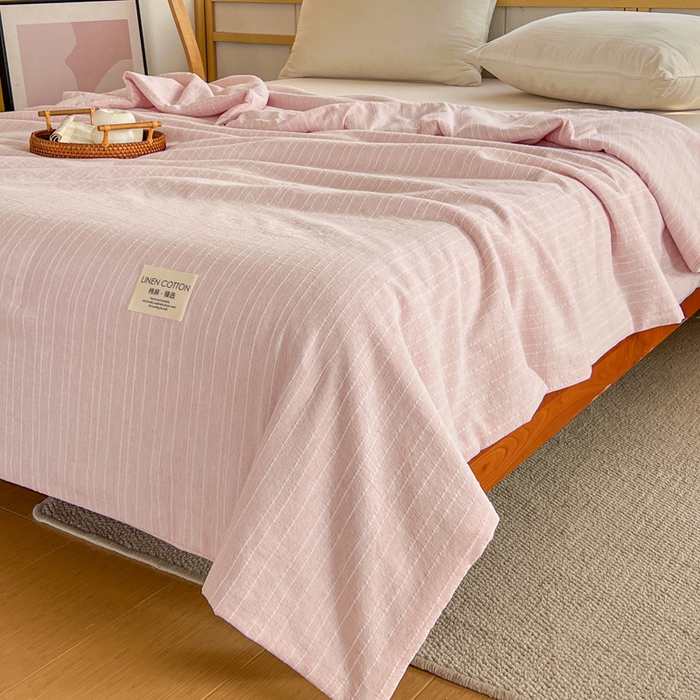 91家纺网 家纺一手货源 找家纺 库里梦家纺 2026春夏新款色织提花棉麻夏被夏凉被空调被四件套 贴标款条纹-粉