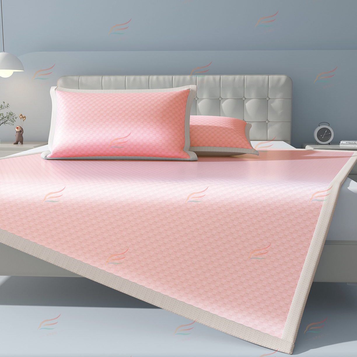 91家纺网 家纺一手货源 找家纺 曼陀罗 2026新款海洋丝凉感冰咖方格凉席-平铺款 粉黛玉