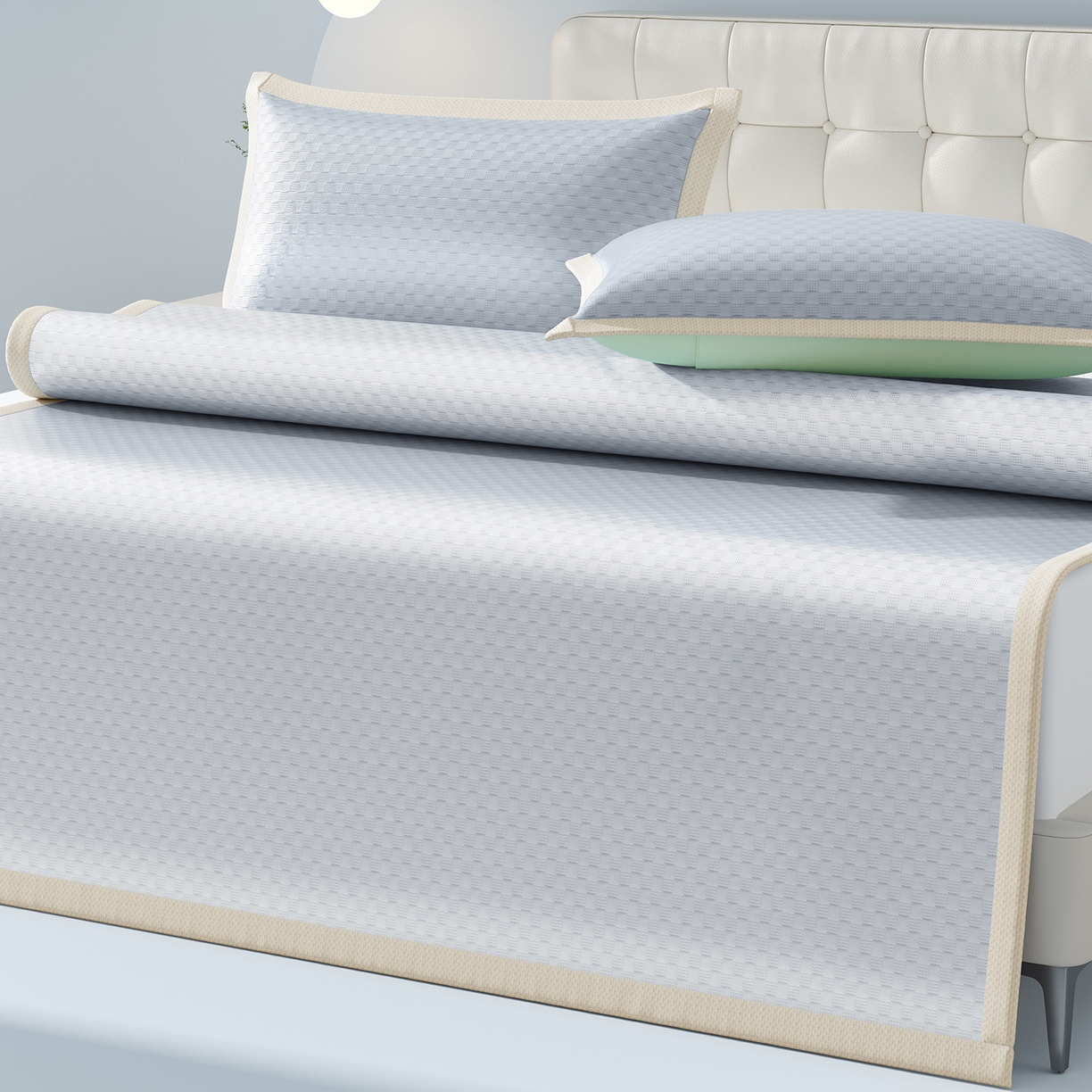 91家纺网 家纺一手货源 找家纺 曼陀罗 2026新款海洋丝凉感冰咖方格凉席-平铺款 冰川灰