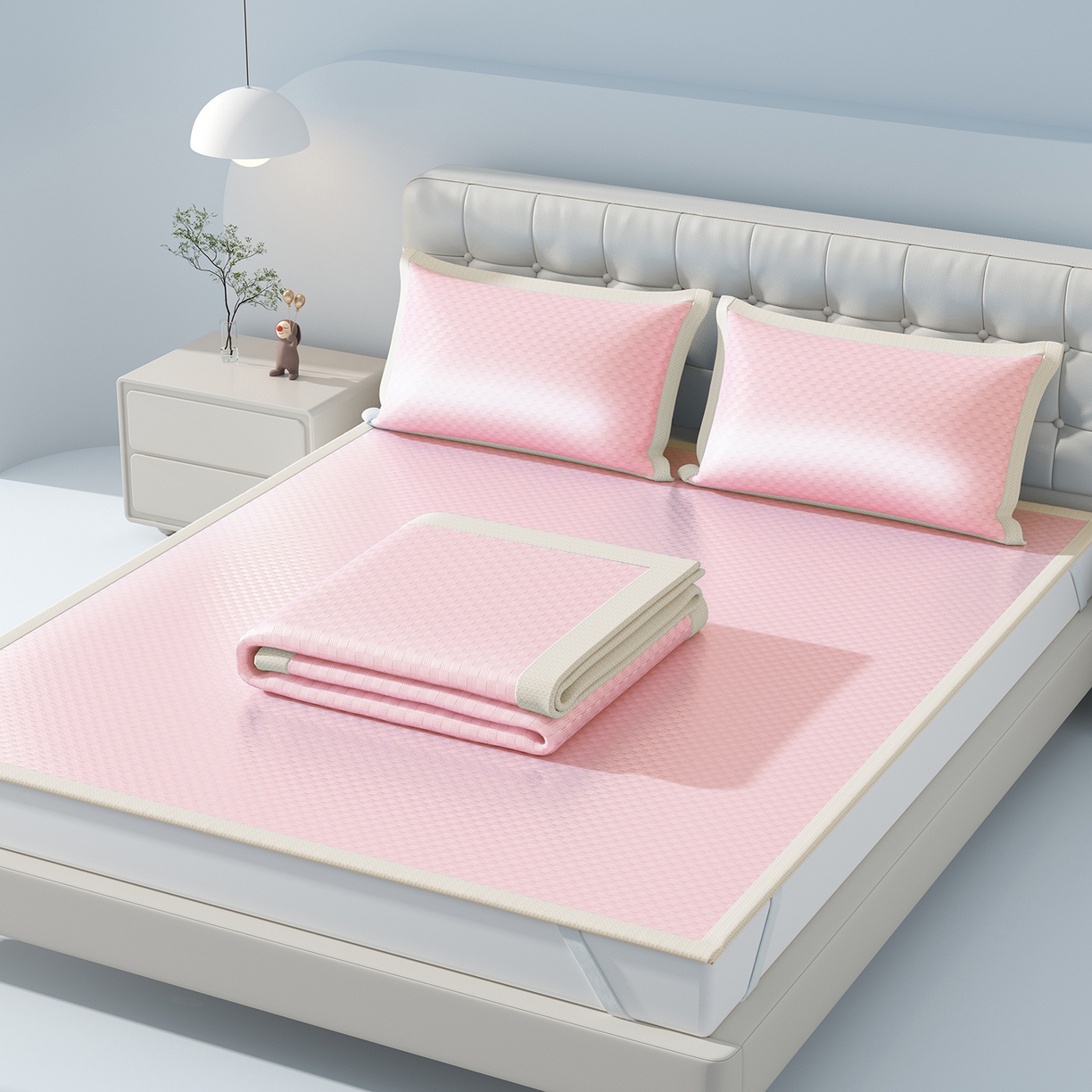 91家纺网 家纺一手货源 找家纺 曼陀罗 2026新款海洋丝凉感冰咖方格凉席-平铺款 粉黛玉