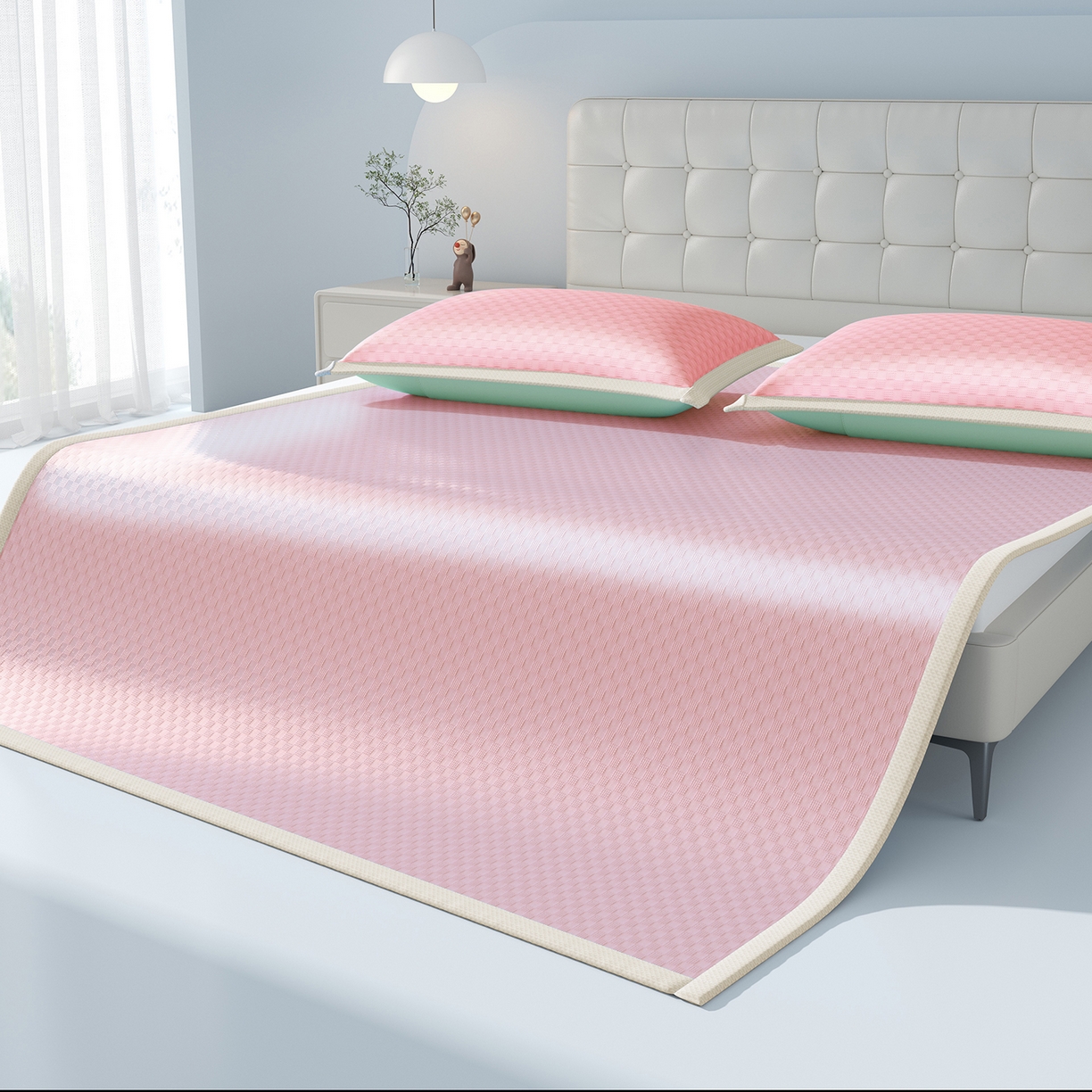 91家纺网 家纺一手货源 找家纺 曼陀罗 2026新款海洋丝凉感冰咖方格凉席-平铺款 粉黛玉