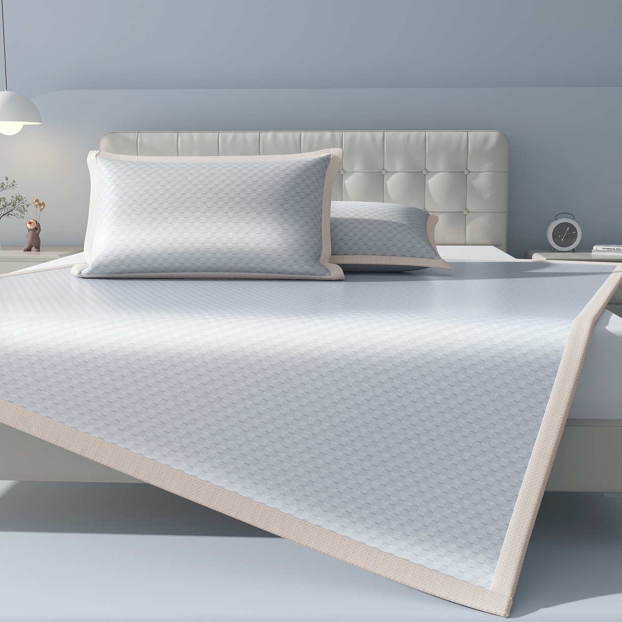 91家纺网 家纺一手货源 找家纺 曼陀罗 2026新款海洋丝凉感冰咖方格凉席-平铺款 冰川灰