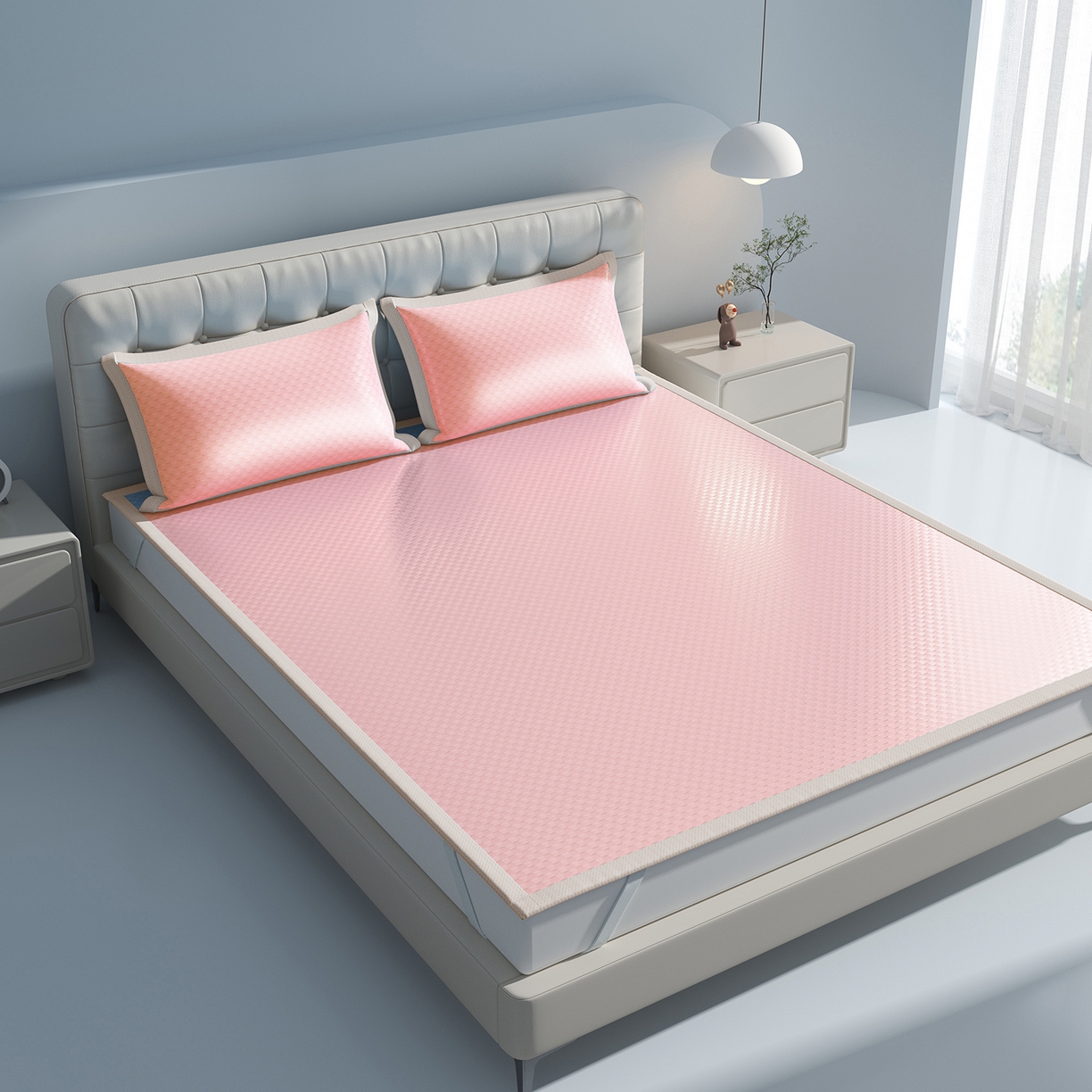 91家纺网 家纺一手货源 找家纺 曼陀罗 2026新款海洋丝凉感冰咖方格凉席-平铺款 粉黛玉