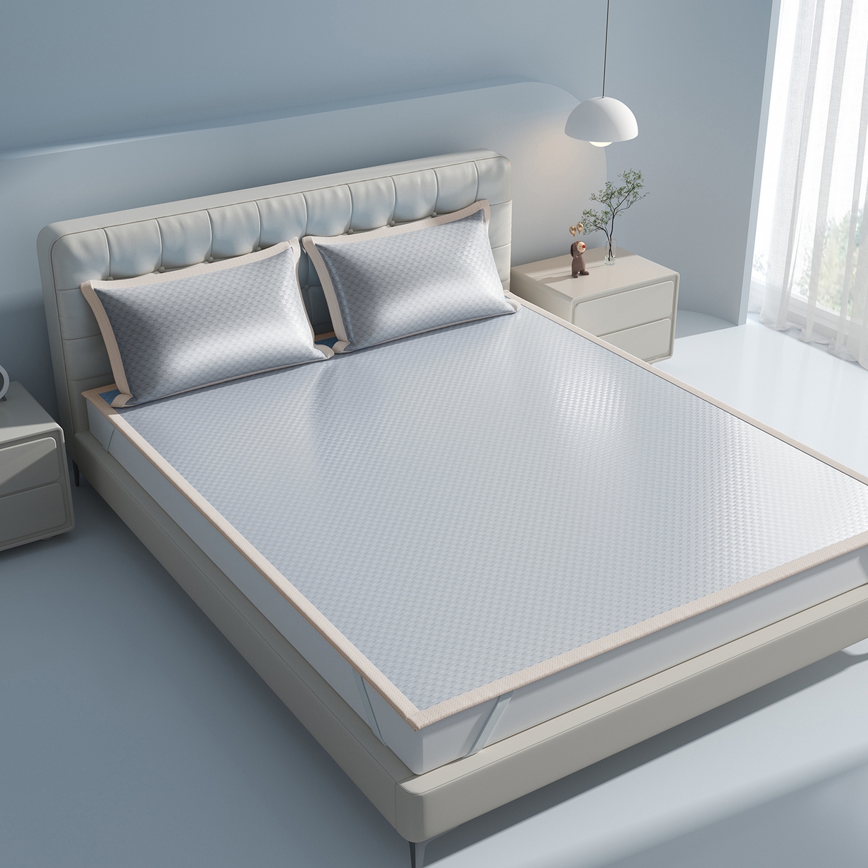 91家纺网 家纺一手货源 找家纺 曼陀罗 2026新款海洋丝凉感冰咖方格凉席-平铺款 冰川灰