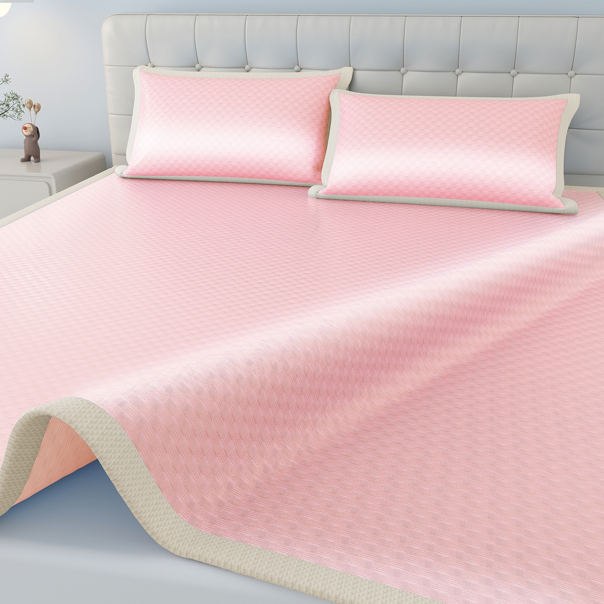 91家纺网 家纺一手货源 找家纺 曼陀罗 2026新款海洋丝凉感冰咖方格凉席-平铺款 粉黛玉