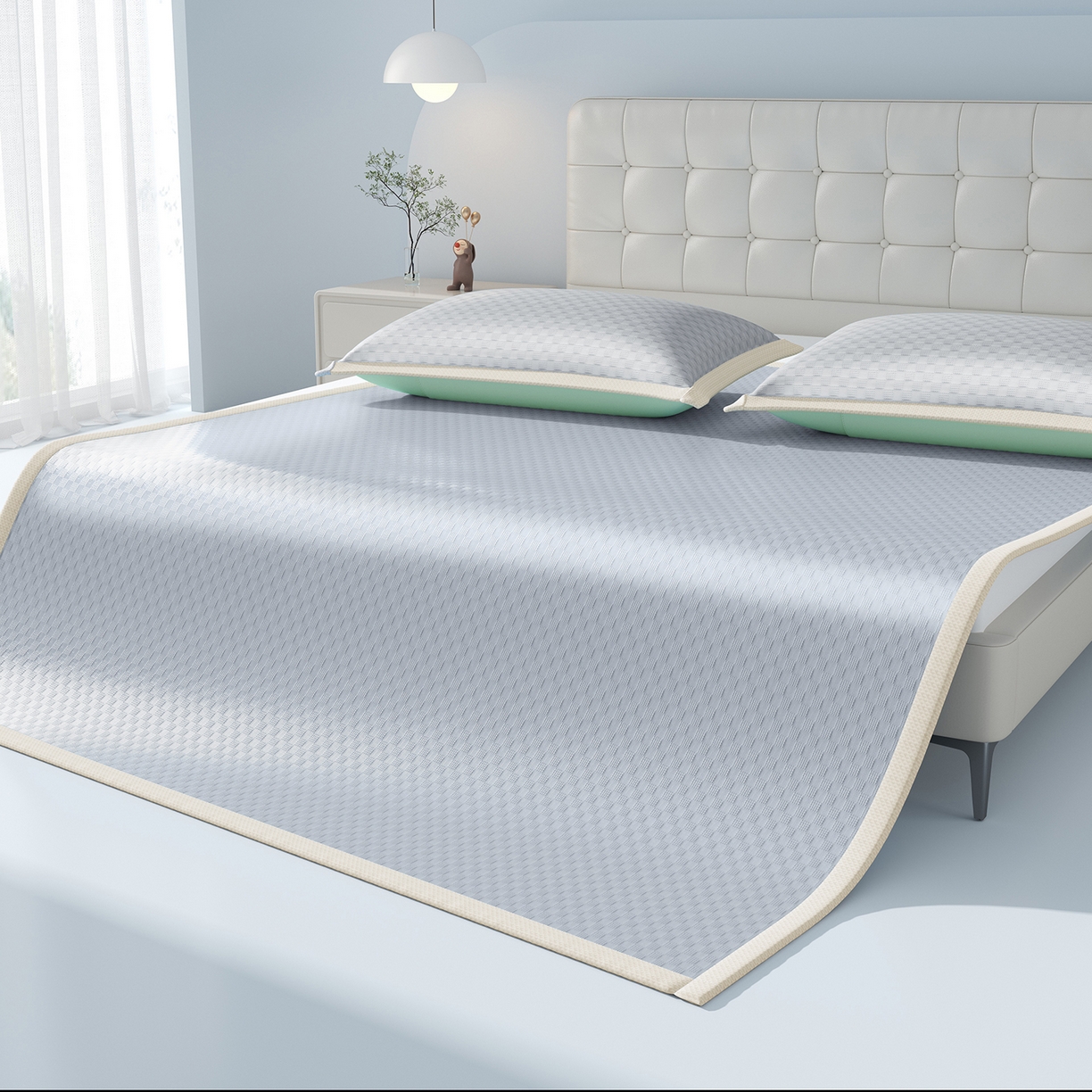 91家纺网 家纺一手货源 找家纺 曼陀罗 2026新款海洋丝凉感冰咖方格凉席-平铺款 冰川灰