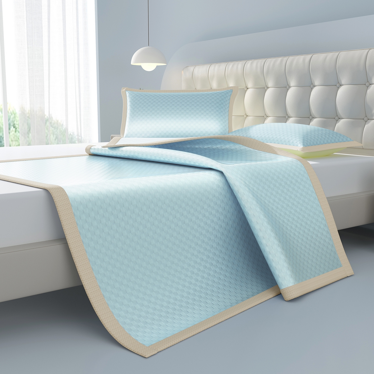 91家纺网 家纺一手货源 找家纺 （总）曼陀罗 2026新款海洋丝凉感冰咖方格凉席-平铺款