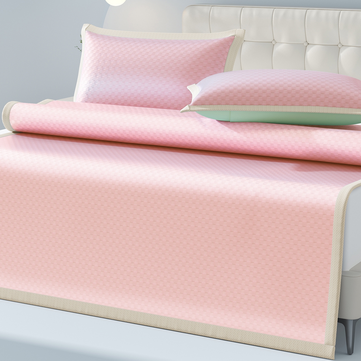 91家纺网 家纺一手货源 找家纺 曼陀罗 2026新款海洋丝凉感冰咖方格凉席-平铺款 粉黛玉