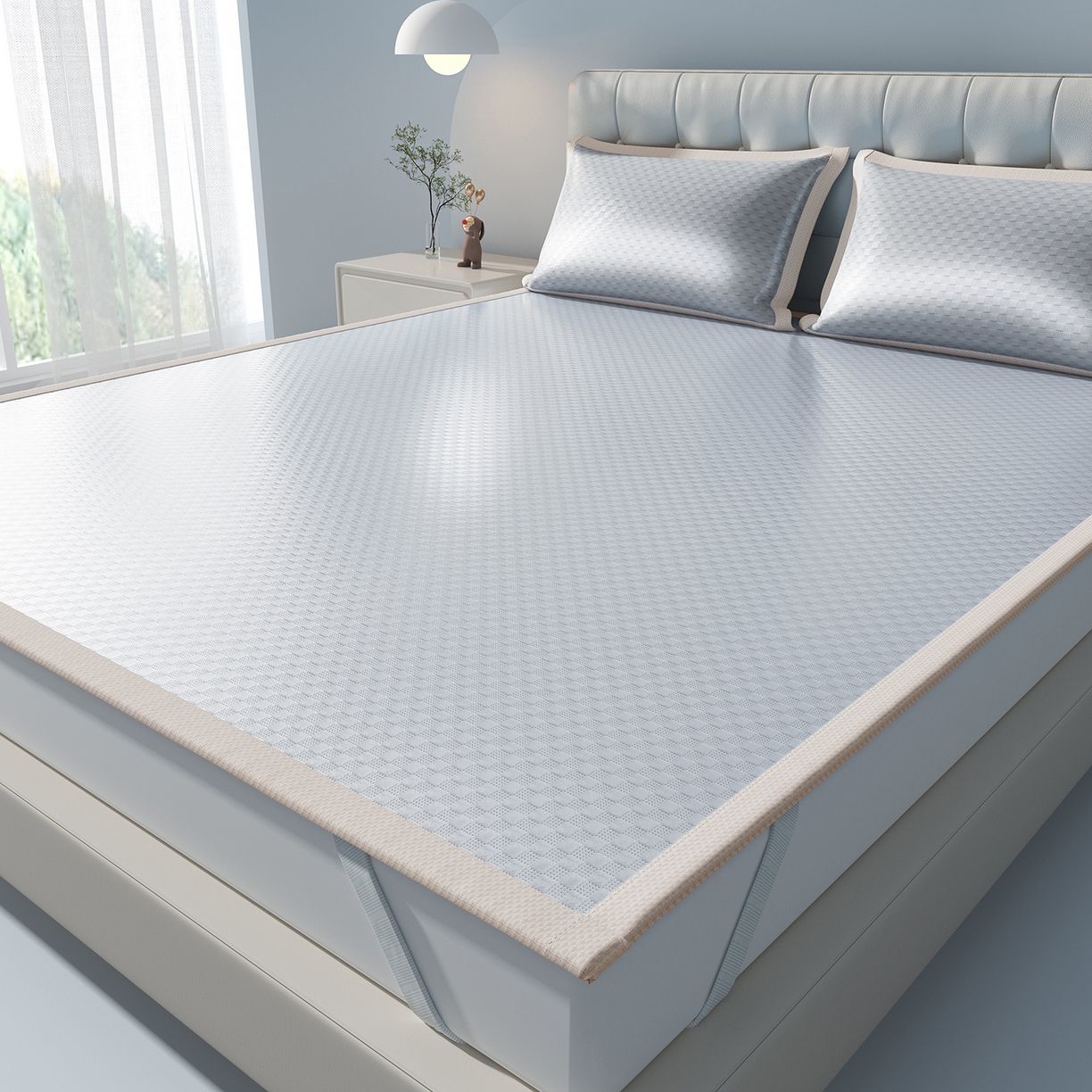 91家纺网 家纺一手货源 找家纺 曼陀罗 2026新款海洋丝凉感冰咖方格凉席-平铺款 冰川灰