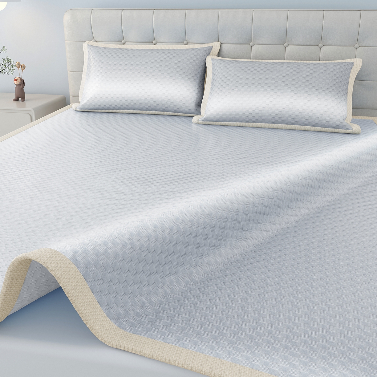 91家纺网 家纺一手货源 找家纺 曼陀罗 2026新款海洋丝凉感冰咖方格凉席-平铺款 冰川灰